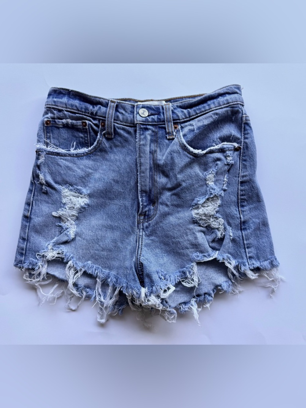 Abercrombie & Fitch Curve Love High Rise Mom Shorts Blue Distresed Frayed Hem 26